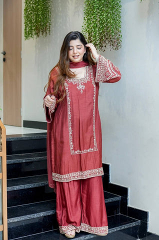 Brown Color Embroidery Work Elegant Palazzo Suit