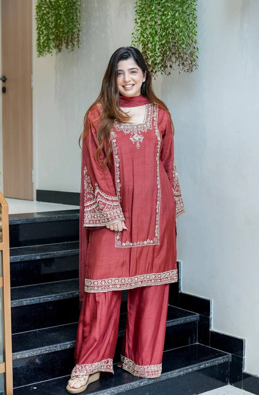Brown Color Embroidery Work Elegant Palazzo Suit