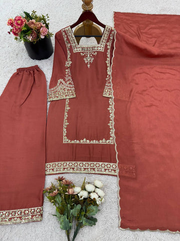 Brown Color Embroidery Work Elegant Palazzo Suit