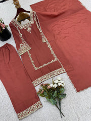Brown Color Embroidery Work Elegant Palazzo Suit