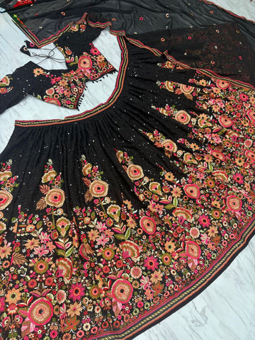 Lovely Black Georgette Embroidery Lehenga Choli