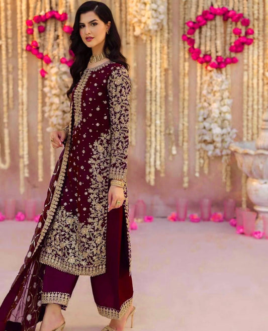 Ravishing Maroon Georgette Sequence Work Palazzo Suit