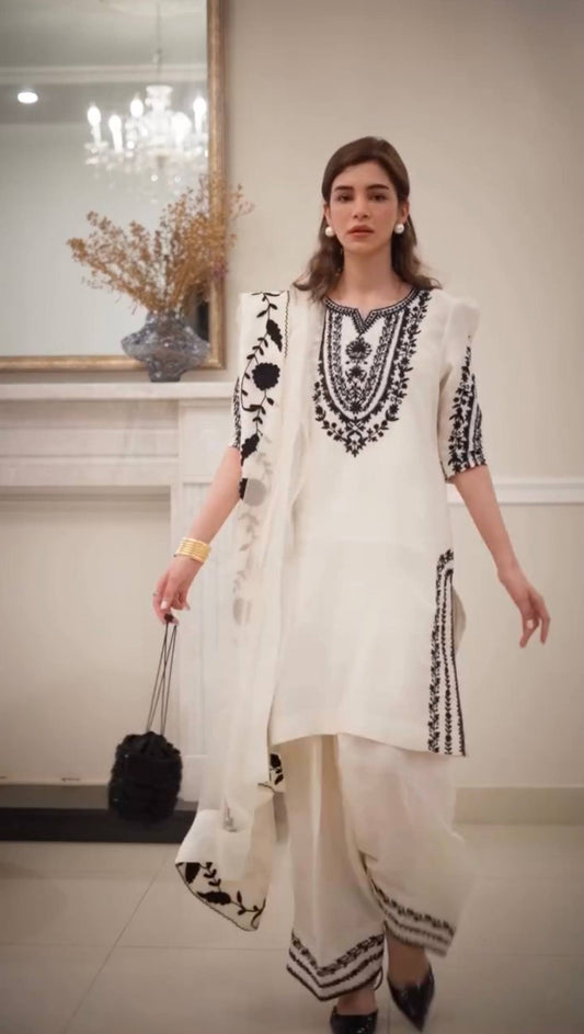 Innovative White Crepe Embroidery Work Palazzo Suit