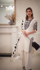 Innovative White Crepe Embroidery Work Palazzo Suit