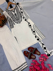 Innovative White Crepe Embroidery Work Palazzo Suit