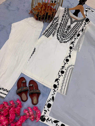Innovative White Crepe Embroidery Work Palazzo Suit