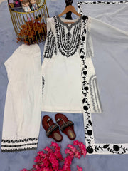 Innovative White Crepe Embroidery Work Palazzo Suit