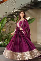 Ravishing Teal Blue Embroidery With Sequence Work Silk Gown