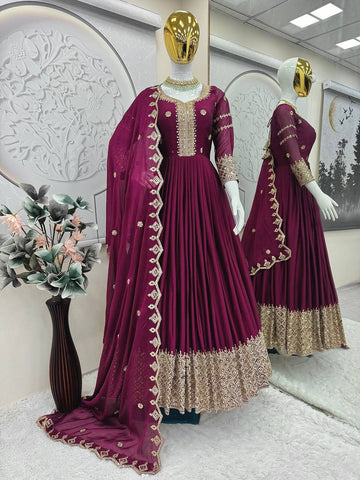 Ravishing Teal Blue Embroidery With Sequence Work Silk Gown