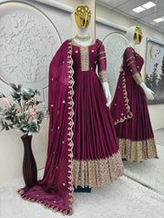 Ravishing Teal Blue Embroidery With Sequence Work Silk Gown