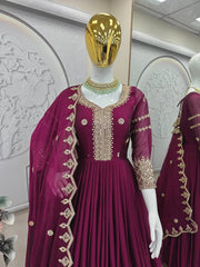 Ravishing Teal Blue Embroidery With Sequence Work Silk Gown