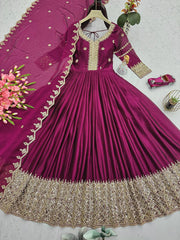 Ravishing Teal Blue Embroidery With Sequence Work Silk Gown