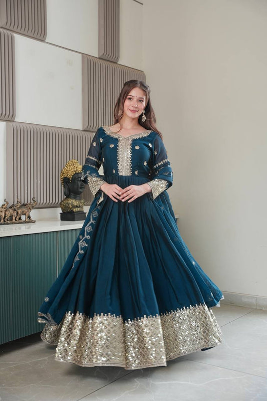 Ravishing Teal Blue Embroidery With Sequence Work Silk Gown