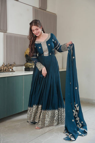 Ravishing Teal Blue Embroidery With Sequence Work Silk Gown