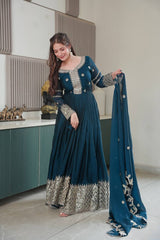 Ravishing Teal Blue Embroidery With Sequence Work Silk Gown