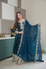 Ravishing Teal Blue Embroidery With Sequence Work Silk Gown