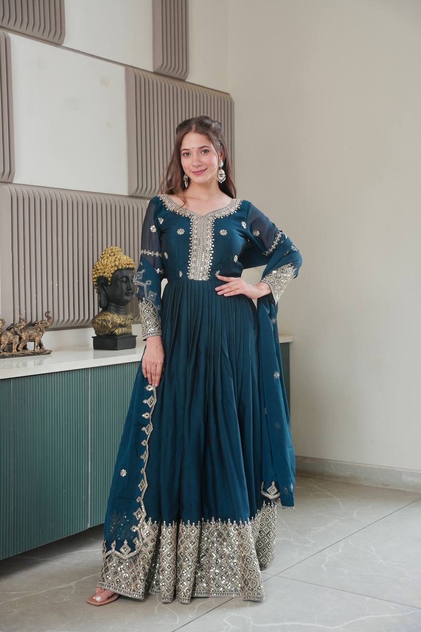 Ravishing Teal Blue Embroidery With Sequence Work Silk Gown