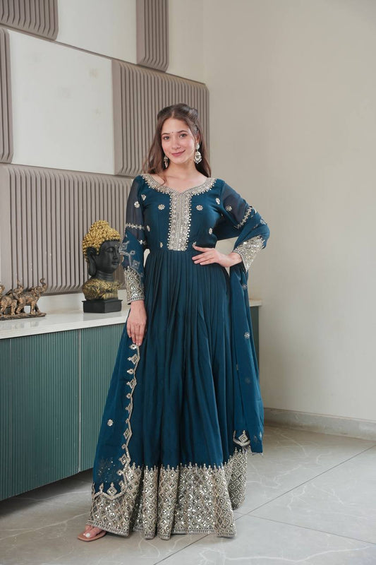 Ravishing Teal Blue Embroidery With Sequence Work Silk Gown