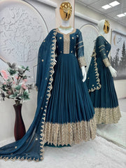 Ravishing Teal Blue Embroidery With Sequence Work Silk Gown