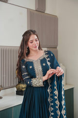 Ravishing Teal Blue Embroidery With Sequence Work Silk Gown