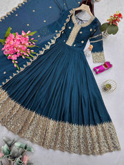 Ravishing Teal Blue Embroidery With Sequence Work Silk Gown
