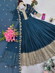 Ravishing Teal Blue Embroidery With Sequence Work Silk Gown