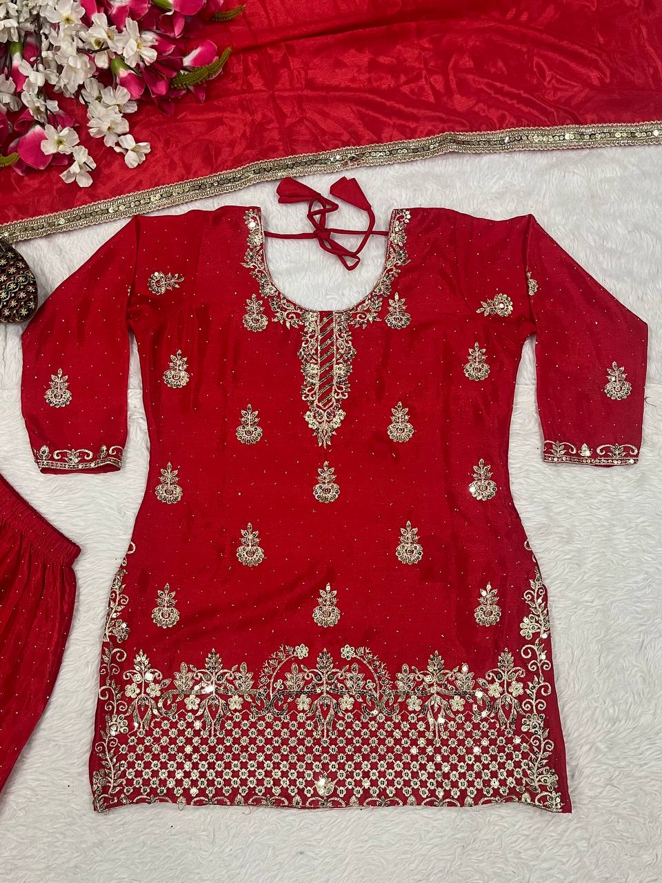Glorious Red Chinon Silk Sequence Work Sharara Suit
