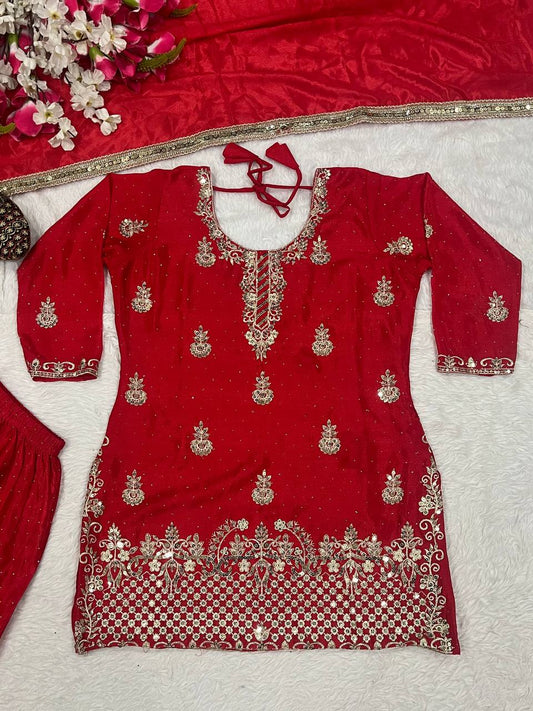 Glorious Red Chinon Silk Sequence Work Sharara Suit