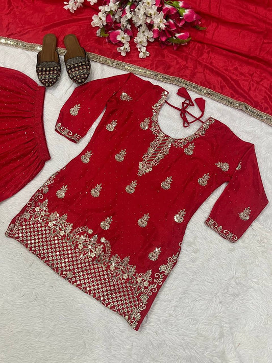 Glorious Red Chinon Silk Sequence Work Sharara Suit