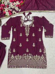 Glorious Red Chinon Silk Sequence Work Sharara Suit