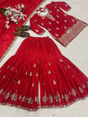 Glorious Red Chinon Silk Sequence Work Sharara Suit
