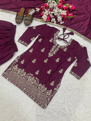 Glorious Red Chinon Silk Sequence Work Sharara Suit