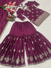 Glorious Red Chinon Silk Sequence Work Sharara Suit