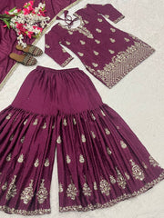 Glorious Red Chinon Silk Sequence Work Sharara Suit