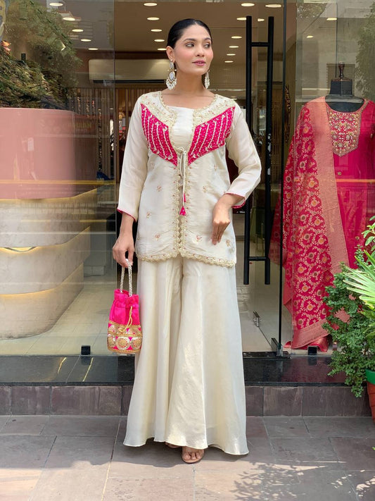 Ravishing White Silk with Embroidery Work Co-ord Set