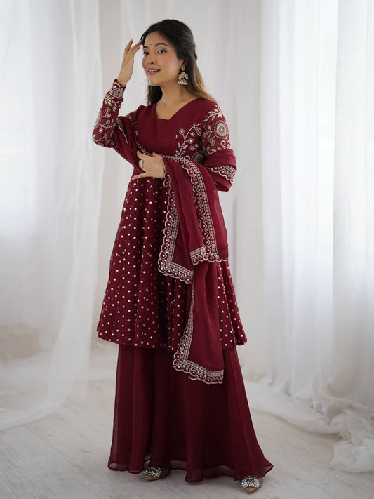 Exclusive Maroon Crunchy Silk Embroidery Work Sharara Suit
