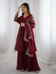 Exclusive Maroon Crunchy Silk Embroidery Work Sharara Suit