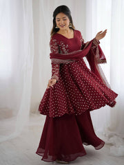 Exclusive Maroon Crunchy Silk Embroidery Work Sharara Suit