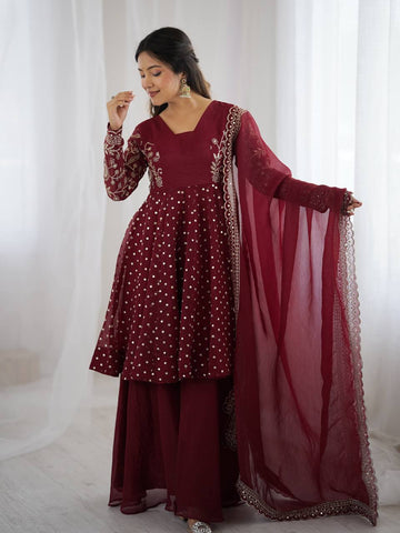 Exclusive Maroon Crunchy Silk Embroidery Work Sharara Suit
