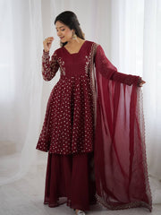 Exclusive Maroon Crunchy Silk Embroidery Work Sharara Suit