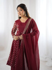 Exclusive Maroon Crunchy Silk Embroidery Work Sharara Suit