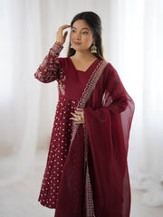 Exclusive Maroon Crunchy Silk Embroidery Work Sharara Suit