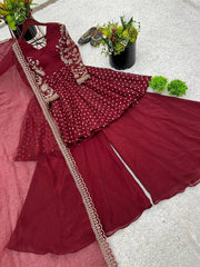 Exclusive Maroon Crunchy Silk Embroidery Work Sharara Suit