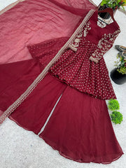 Exclusive Maroon Crunchy Silk Embroidery Work Sharara Suit