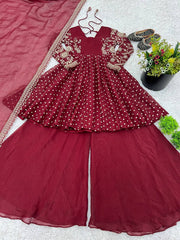 Exclusive Maroon Crunchy Silk Embroidery Work Sharara Suit