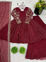 Exclusive Maroon Crunchy Silk Embroidery Work Sharara Suit
