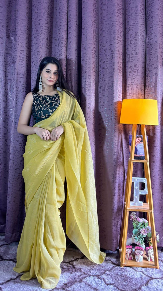 Party Wear Yellow Sparkle Silk Sequence Work Saree