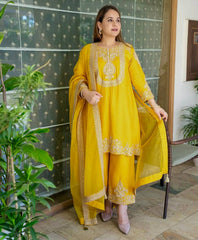 Lovely Red Chinon Silk Work Palazzo Suit