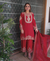 Lovely Red Chinon Silk Work Palazzo Suit