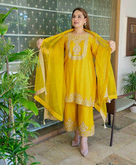 Lovely Red Chinon Silk Work Palazzo Suit